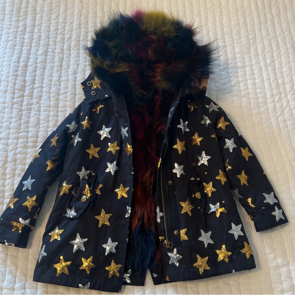 Lola & the Boys Girls | Sequin Star & Fox Fur Parka | 4T